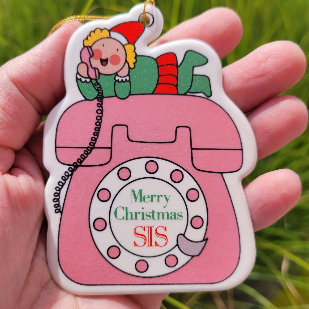 Merry Christmas Sis w/ Telephone Avon Ceramic Sister Ornament ~ Sister